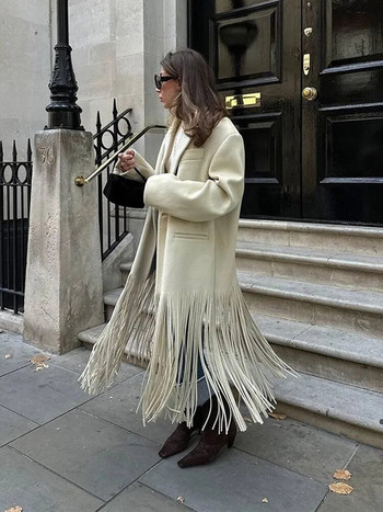 Дамско палто от смесена вълна с пискюл Есенни палта с плътен ревер и джоб с цял ръкав през 2023 г. Шикозни топли дамски модни улични палта