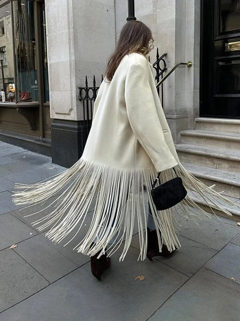 Дамско палто от смесена вълна с пискюл Есенни палта с плътен ревер и джоб с цял ръкав през 2023 г. Шикозни топли дамски модни улични палта