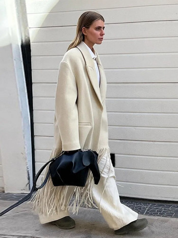 Γυναικείο παλτό με φούντα μάλλινο παλτό 2023 Φθινοπωρινό μασίφ παλτό με πλήρες μανίκι τσέπης Κομψά ζεστά γυναικεία παλτό Streetwear