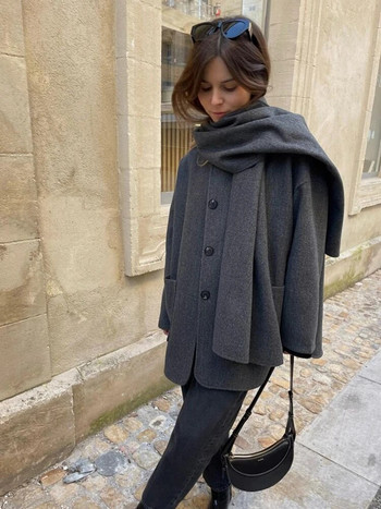 Дамско палто с шал Свободно ежедневно топло дамско палто с дълъг ръкав 2023 Есенно зимно модно едноредно дамско палто