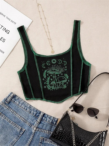 2000 Y2K Clothes High Street Plant Graphic Tank Top για Γυναικεία Καλοκαιρινό Grunge Αμάνικο τετράγωνο λαιμό Crop Μπλούζα Streetwear