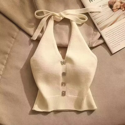 Női Nyári Y2K Ruhák Ujjatlan V nyakú Szexi Tankok Camis Crop Vintage Cool Girl Kötött koreai divatos pulóver póló