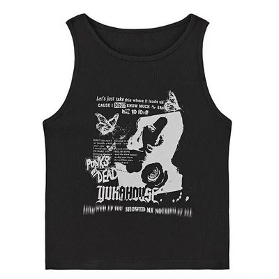 Y2k Grunge Print Seksi majica bez rukava za žene Rebrasti pleteni prsluk Ulična odjeća Estetska odjeća Ženska skraćena majica 2000-ih