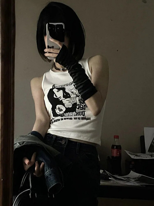 Y2k Grunge Print Seksi majica bez rukava za žene Rebrasti pleteni prsluk Ulična odjeća Estetska odjeća Ženska skraćena majica 2000-ih