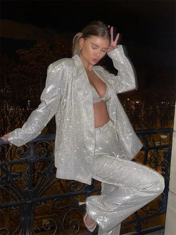 Σετ μπλέιζερ TARUXY Sliver Sparkly Oversized Γυναικείο Κοστούμι Γυναικείο Casual Glitter παλτό και παντελόνι Blazer Femme Mujer Party
