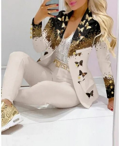 Nou set de pantaloni de 2 bucăți pentru femei Seturi de birou de afaceri pentru doamne ținute elegante cu guler cu revere, costum de blazer, seturi de jachete și pantaloni