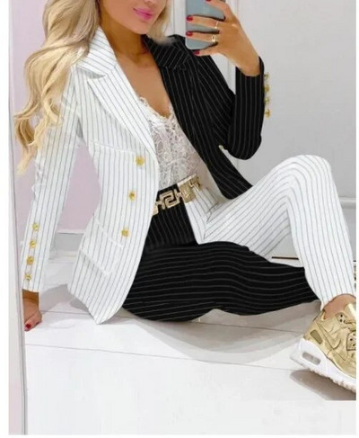 Nou set de pantaloni de 2 bucăți pentru femei Seturi de birou de afaceri pentru doamne ținute elegante cu guler cu revere, costum de blazer, seturi de jachete și pantaloni