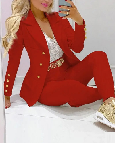 Nou set de pantaloni de 2 bucăți pentru femei Seturi de birou de afaceri pentru doamne ținute elegante cu guler cu revere, costum de blazer, seturi de jachete și pantaloni