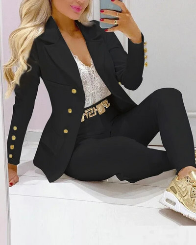 Nou set de pantaloni de 2 bucăți pentru femei Seturi de birou de afaceri pentru doamne ținute elegante cu guler cu revere, costum de blazer, seturi de jachete și pantaloni