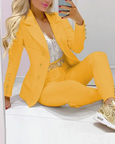 Nou set de pantaloni de 2 bucăți pentru femei Seturi de birou de afaceri pentru doamne ținute elegante cu guler cu revere, costum de blazer, seturi de jachete și pantaloni