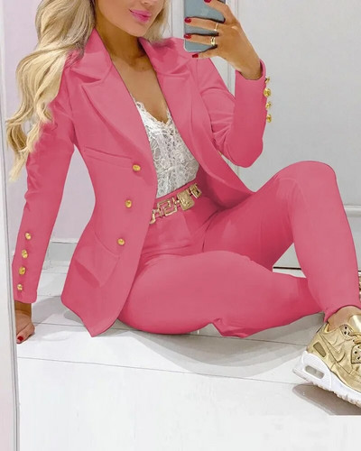 Nou set de pantaloni de 2 bucăți pentru femei Seturi de birou de afaceri pentru doamne ținute elegante cu guler cu revere, costum de blazer, seturi de jachete și pantaloni