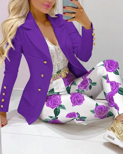 Nou set de pantaloni de 2 bucăți pentru femei Seturi de birou de afaceri pentru doamne ținute elegante cu guler cu revere, costum de blazer, seturi de jachete și pantaloni