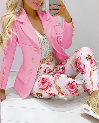 Nou set de pantaloni de 2 bucăți pentru femei Seturi de birou de afaceri pentru doamne ținute elegante cu guler cu revere, costum de blazer, seturi de jachete și pantaloni