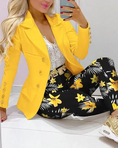 Nou set de pantaloni de 2 bucăți pentru femei Seturi de birou de afaceri pentru doamne ținute elegante cu guler cu revere, costum de blazer, seturi de jachete și pantaloni