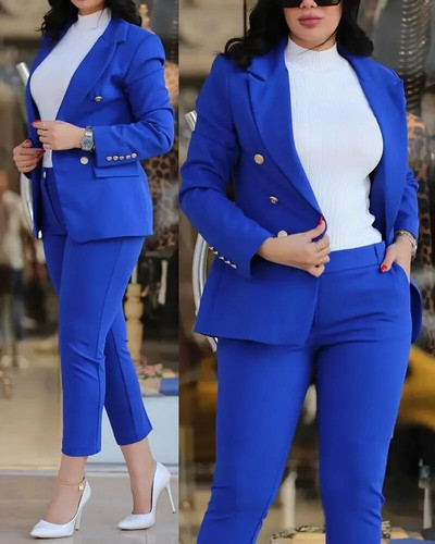 Nou set de pantaloni de 2 bucăți pentru femei Seturi de birou de afaceri pentru doamne ținute elegante cu guler cu revere, costum de blazer, seturi de jachete și pantaloni