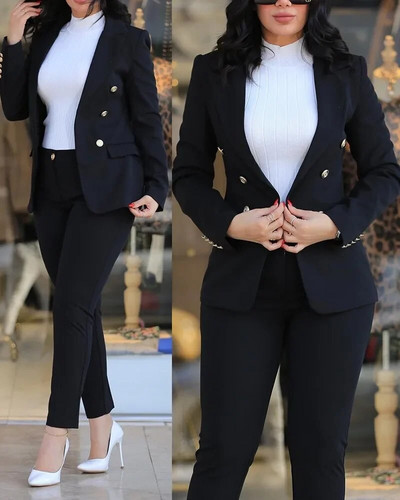 Nou set de pantaloni de 2 bucăți pentru femei Seturi de birou de afaceri pentru doamne ținute elegante cu guler cu revere, costum de blazer, seturi de jachete și pantaloni