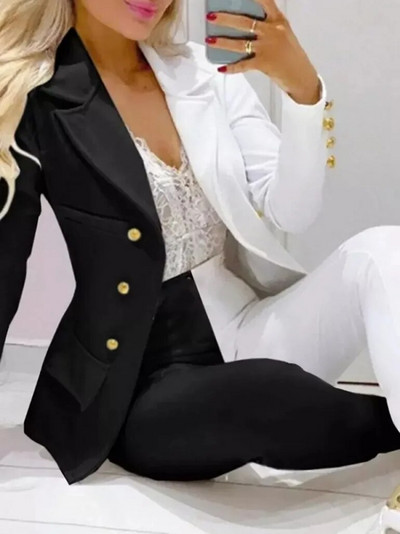 Nou set de pantaloni de 2 bucăți pentru femei Seturi de birou de afaceri pentru doamne ținute elegante cu guler cu revere, costum de blazer, seturi de jachete și pantaloni