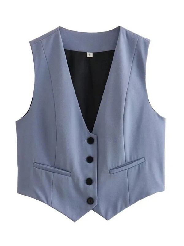 Skraćeni prsluk s jednim kopčanjem bez rukava Ležerni modni kratki prsluci s džepnim V-izrezom 2023. Ženske ljetne jednostavne ulične gornje kapute