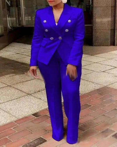 Seturi de două piese pentru damă de birou. Ținute pentru femei 2023, la modă de primăvară, cu mânecă lungă, blazer dublu și pantaloni simpli, eleganti.