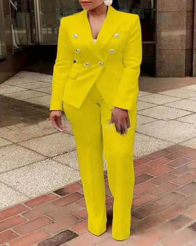 Seturi de două piese pentru damă de birou. Ținute pentru femei 2023, la modă de primăvară, cu mânecă lungă, blazer dublu și pantaloni simpli, eleganti.