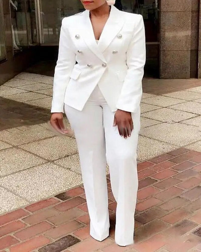 Seturi de două piese pentru damă de birou. Ținute pentru femei 2023, la modă de primăvară, cu mânecă lungă, blazer dublu și pantaloni simpli, eleganti.