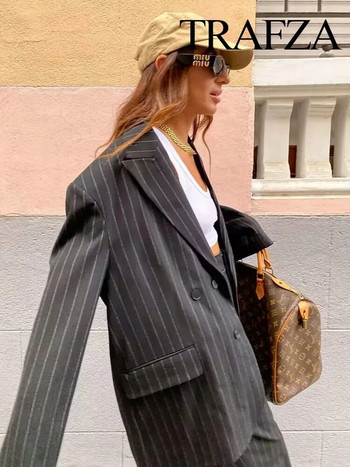 TRAFZA 2024 Γυναικείο φθινοπωρινό παλτό oversize κοστούμι γραφείου Γυναικείο μπλέιζερ Κομψό πανωφόρι μπουφάν Γυναικείο ριγέ μπλέιζερ μπουφάν
