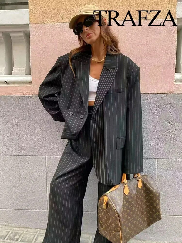 TRAFZA 2024 Moters rudens negabaritinis paltas, kostiumas biurui, moteriškas švarkas Elegantiškas viršutinis drabužis, švarkai, moteriški dryžuoti švarkai, švarkas