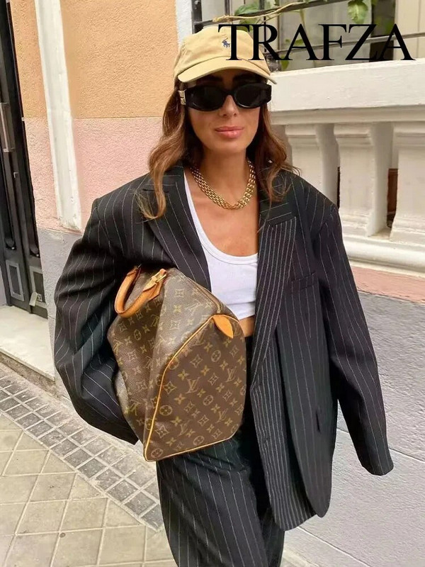 TRAFZA 2024 Moters rudens negabaritinis paltas, kostiumas biurui, moteriškas švarkas Elegantiškas viršutinis drabužis, švarkai, moteriški dryžuoti švarkai, švarkas