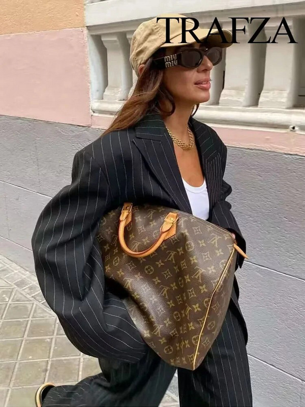 TRAFZA 2024 Moters rudens negabaritinis paltas, kostiumas biurui, moteriškas švarkas Elegantiškas viršutinis drabužis, švarkai, moteriški dryžuoti švarkai, švarkas