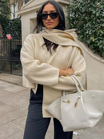 Елегантно дамско палто с шал Пролетно късо палто с дълъг ръкав Дамско модно улично облекло 2024 г. Свободно дамско палто