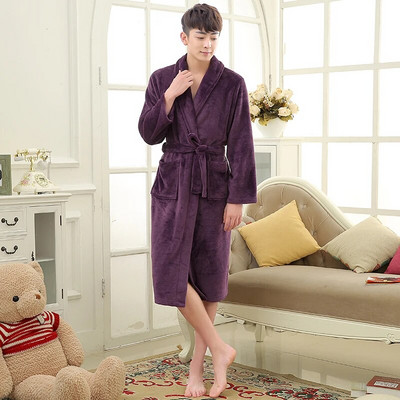 Femei Bărbați, lung, moale, cald, fleece coral, halat de baie de iarnă, flanel, halat de baie, cămașă de noapte, pentru iubitori, halat de dormit confortabil, spa