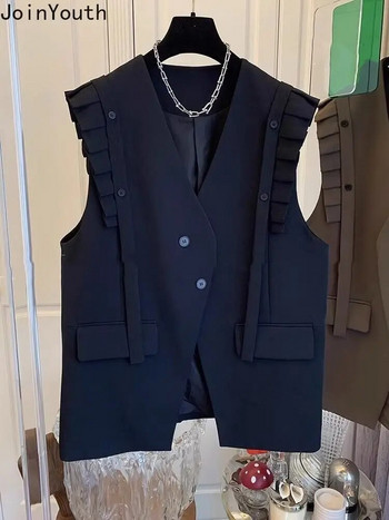 Γιλέκο ιδιοσυγκρασίας Γυναικείο παλτό με λαιμόκοψη V Αμάνικα υπερμεγέθη μπλουζάκια συνονθύλευμα βολάν Casual γιλέκο μόδα Κορεατικά τανκ 27s600