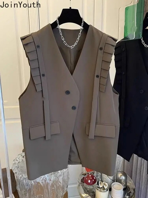 Γιλέκο ιδιοσυγκρασίας Γυναικείο παλτό με λαιμόκοψη V Αμάνικα υπερμεγέθη μπλουζάκια συνονθύλευμα βολάν Casual γιλέκο μόδα Κορεατικά τανκ 27s600
