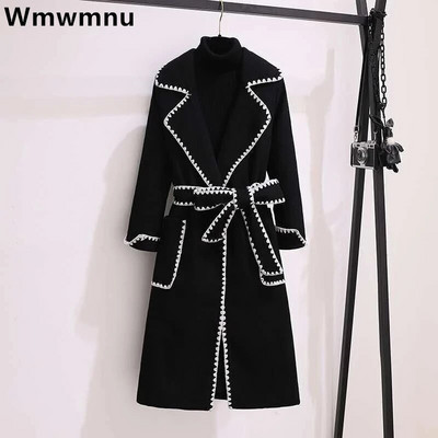 Preveliki 4xl jesen-zimski vuneni dugi kaputi Ženske tanke jakne od mješavine vune na rever s remenima Korejski elegantni debeli kaputi Novo