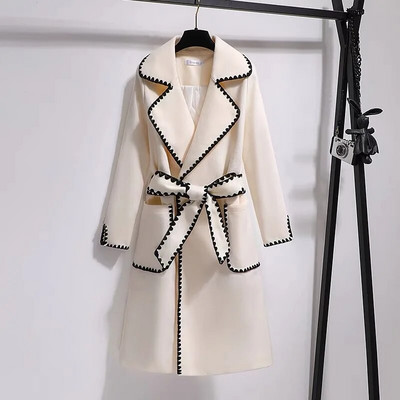 Preveliki 4xl jesen-zimski vuneni dugi kaputi Ženske tanke jakne od mješavine vune na rever s remenima Korejski elegantni debeli kaputi Novo