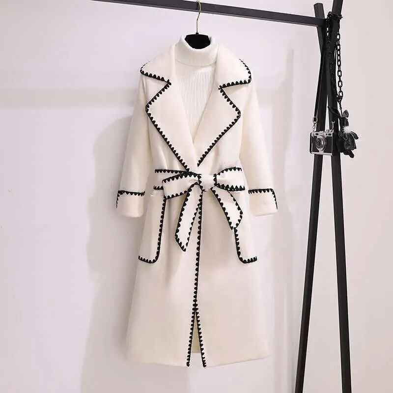 Preveliki 4xl jesen-zimski vuneni dugi kaputi Ženske tanke jakne od mješavine vune na rever s remenima Korejski elegantni debeli kaputi Novo