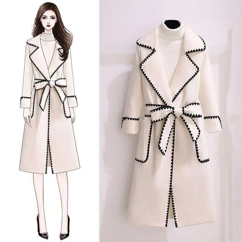 Preveliki 4xl jesen-zimski vuneni dugi kaputi Ženske tanke jakne od mješavine vune na rever s remenima Korejski elegantni debeli kaputi Novo