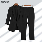 Femei Blazer Pantaloni Set 2 Piese Primavara Vara Subtire Office Lady Basic Joker Costum Negru Palton Pantaloni Tinute Imbracaminte de lucru Femei