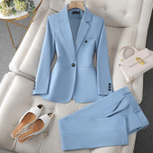 Costum de damă de birou solid pentru femei albastru maro culoare apriot blazer și pantaloni primăvară toamnă costum pantalon 2 piese