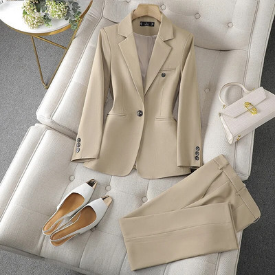 Costum de damă de birou solid pentru femei albastru maro culoare apriot blazer și pantaloni primăvară toamnă costum pantalon 2 piese