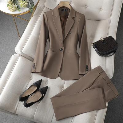 Costum de damă de birou solid pentru femei albastru maro culoare apriot blazer și pantaloni primăvară toamnă costum pantalon 2 piese