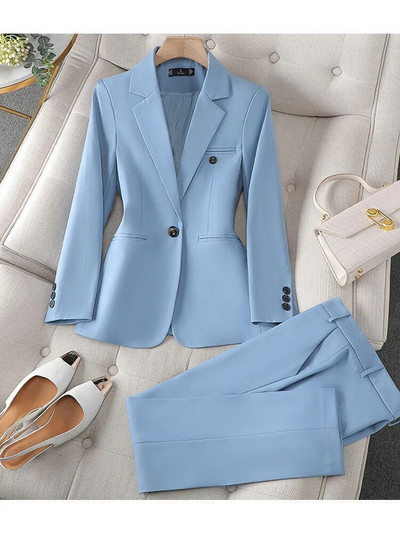 Costum de damă de birou solid pentru femei albastru maro culoare apriot blazer și pantaloni primăvară toamnă costum pantalon 2 piese
