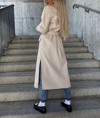 Зимно палто за жени 2023 Есенна мода Двуредно изчистено едноцветно яке с дълги ръкави и дълги ръкави от вълнен плат