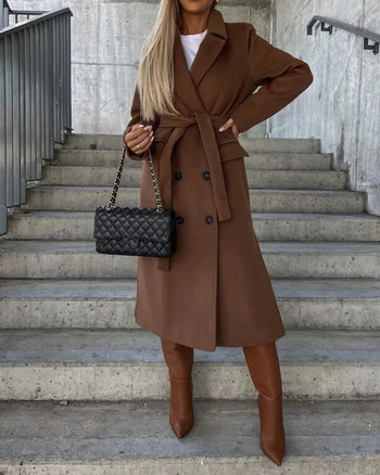 Зимно палто за жени 2023 Есенна мода Двуредно изчистено едноцветно яке с дълги ръкави и дълги ръкави от вълнен плат