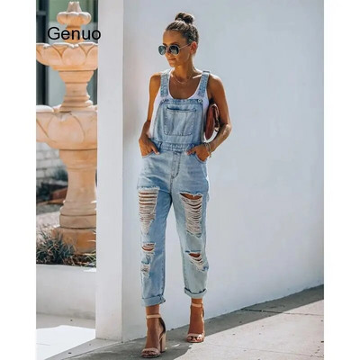 Salopete din denim pentru femei Cu design scobit buzunare Decor Sling Fără mâneci Fără spate Culoare uni Moda Casual Salopete drepte