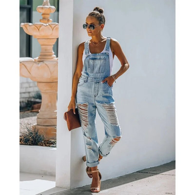 Ženski traper kombinezoni s izdubljenim dizajnom s džepovima i ukrasnim remenom Jednobojni modni ležerni ravni kombinezoni bez rukava bez leđa