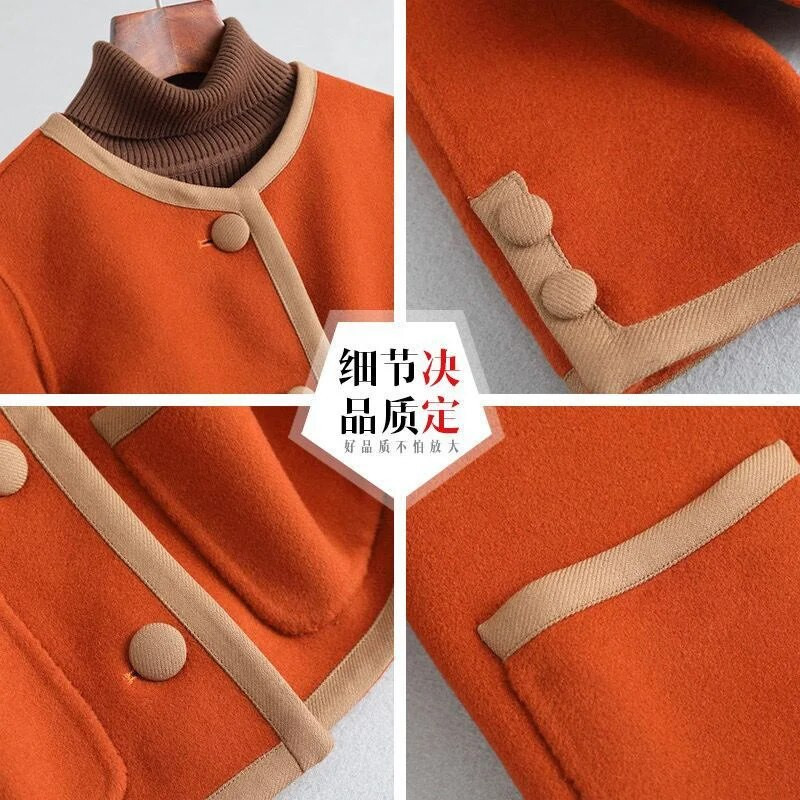 Novi jesenski modni dvostrani vuneni kaput 2023., ženski kratki kaput s okruglim izrezom, ženski ležerni kaput s jednim kopčanjem