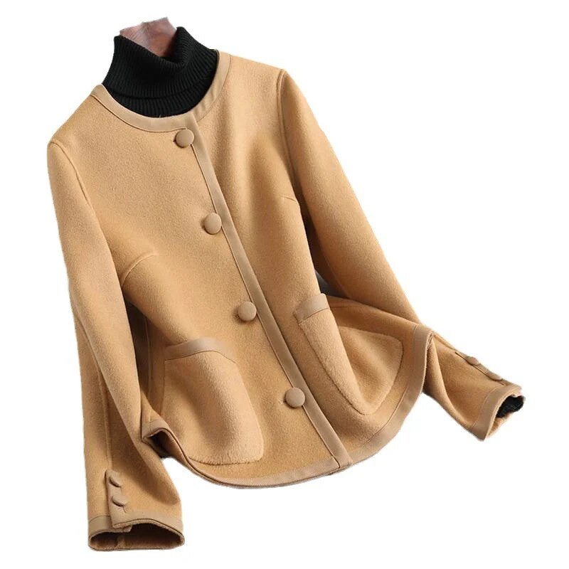 Novi jesenski modni dvostrani vuneni kaput 2023., ženski kratki kaput s okruglim izrezom, ženski ležerni kaput s jednim kopčanjem