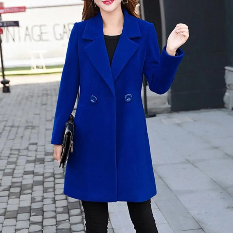 Elegantiškas moteriškas paltas ilgomis rankovėmis, kišenės, moteriškas paltas su įpjova apykakle, moteriškas rudens paltas