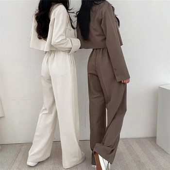 Κορεατικά OL κοντά κοστούμια σετ Γυναικεία casual Loose Crop Blazers Jackets Συνδυάζονται με νέο σύνολο παντελονιών με φαρδύ ψηλόμεσο σύνολο Offcie